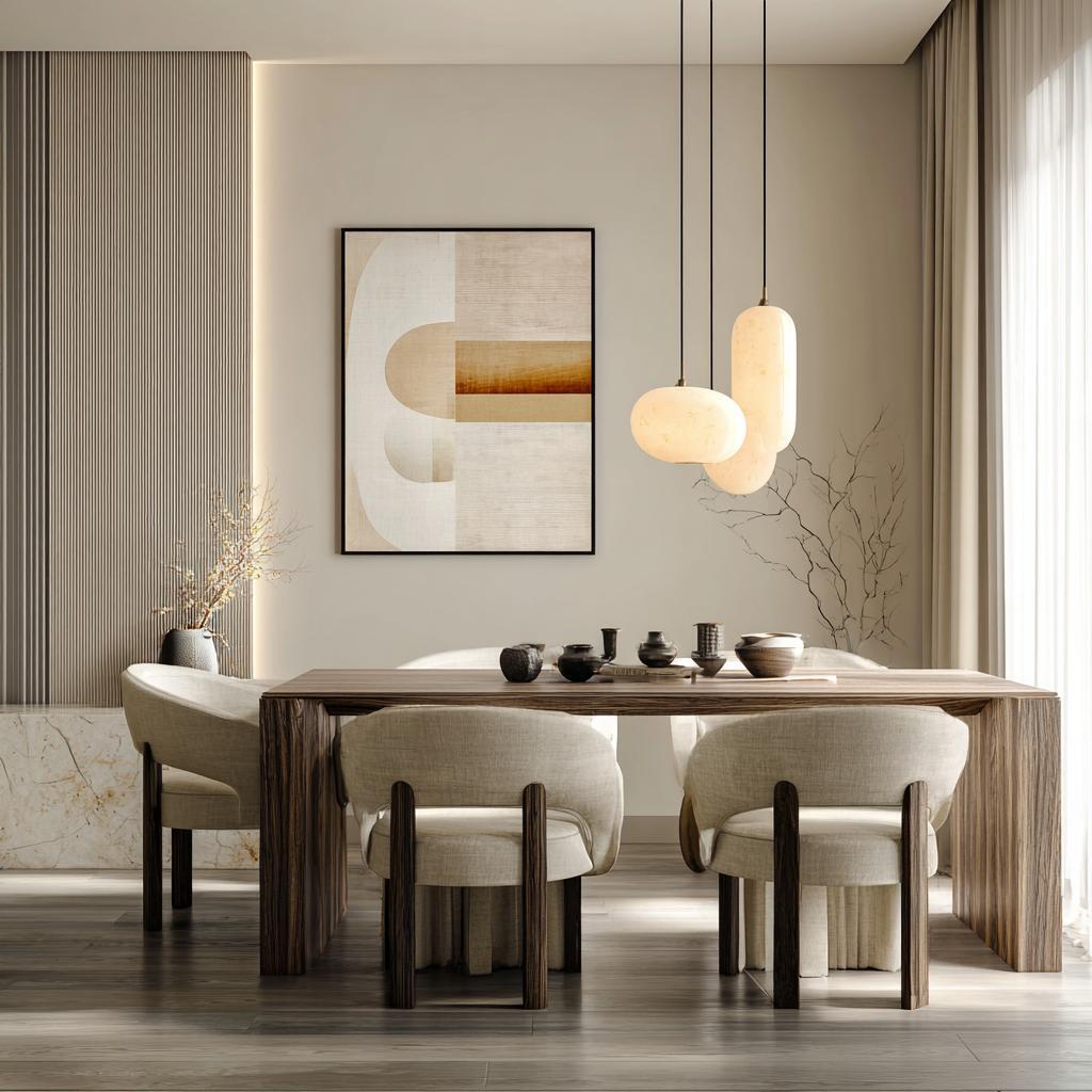 Elegant dining area layout with wooden table, plush chairs and modern pendant lighting