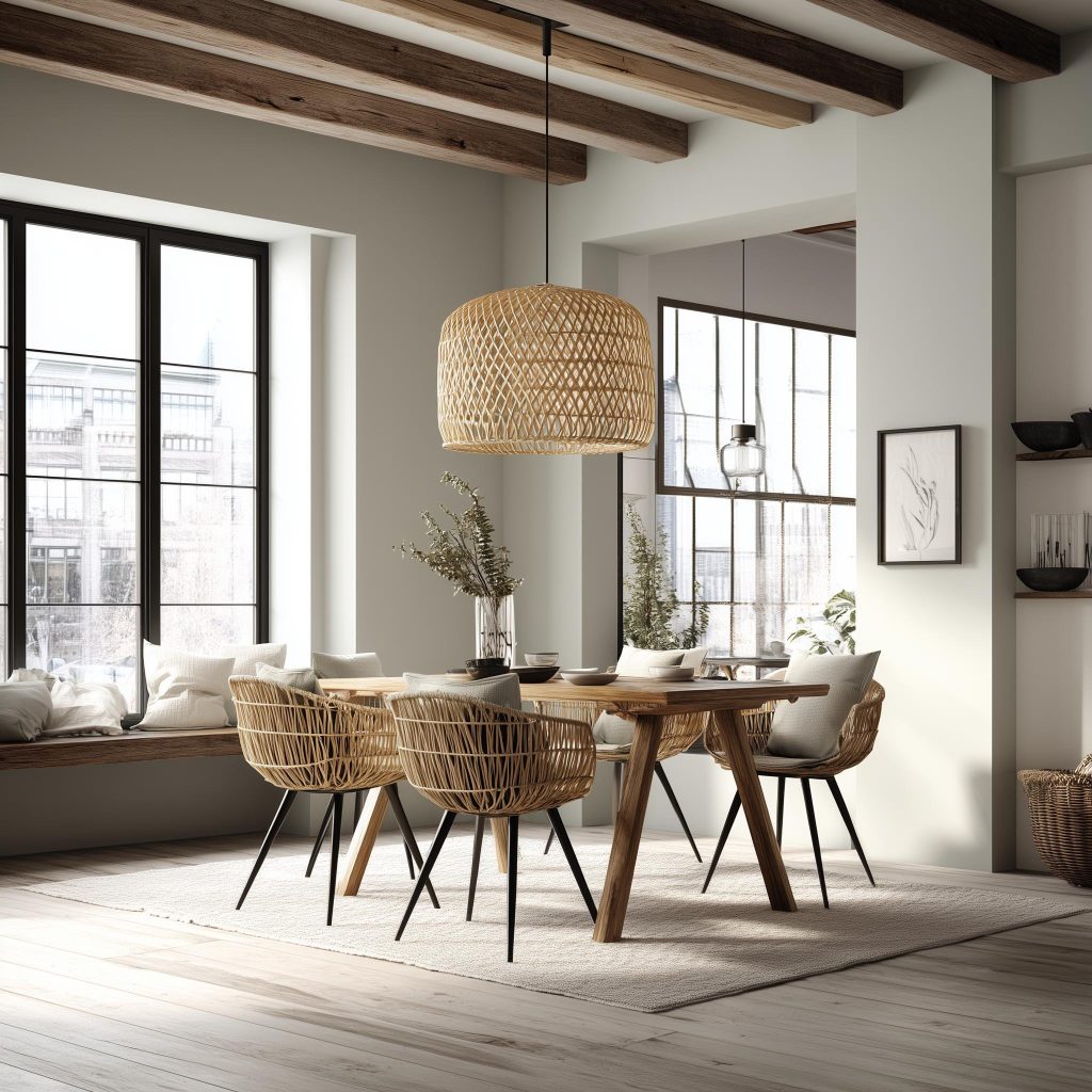 Cozy dining room layout ideas with wooden table, woven chairs and bright natural light