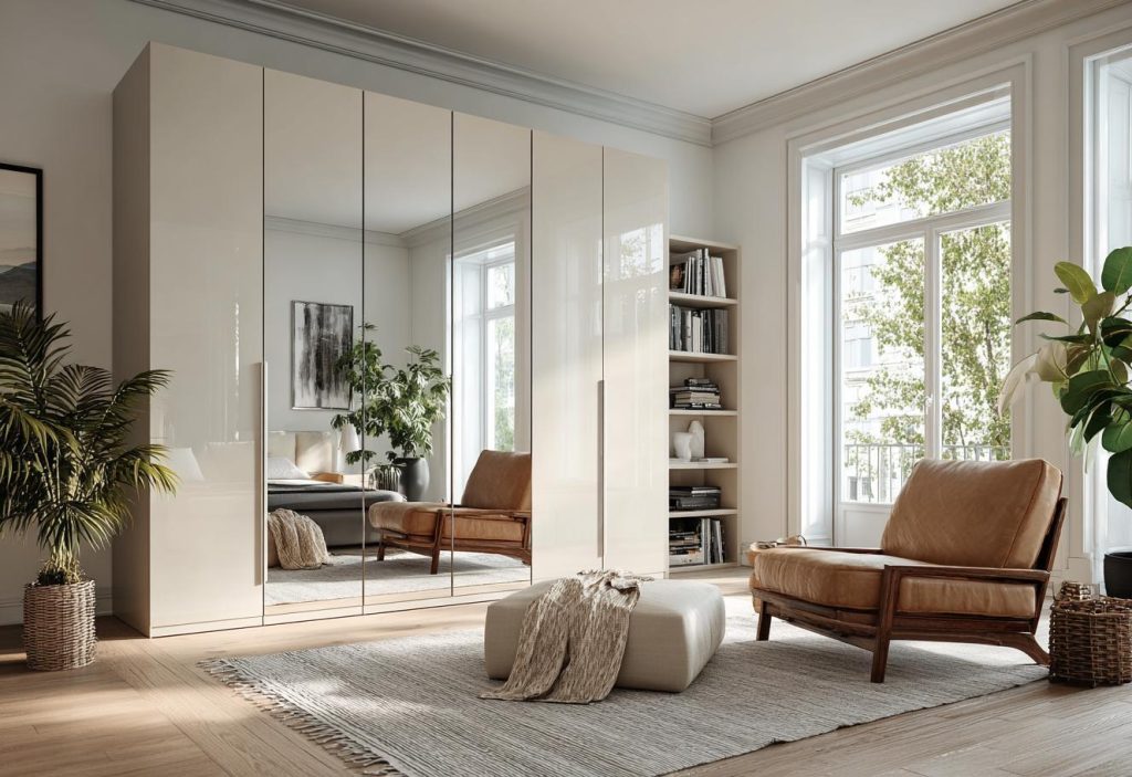 Modern almirah position according to vastu with mirrored wardrobe placed to enhance light and space