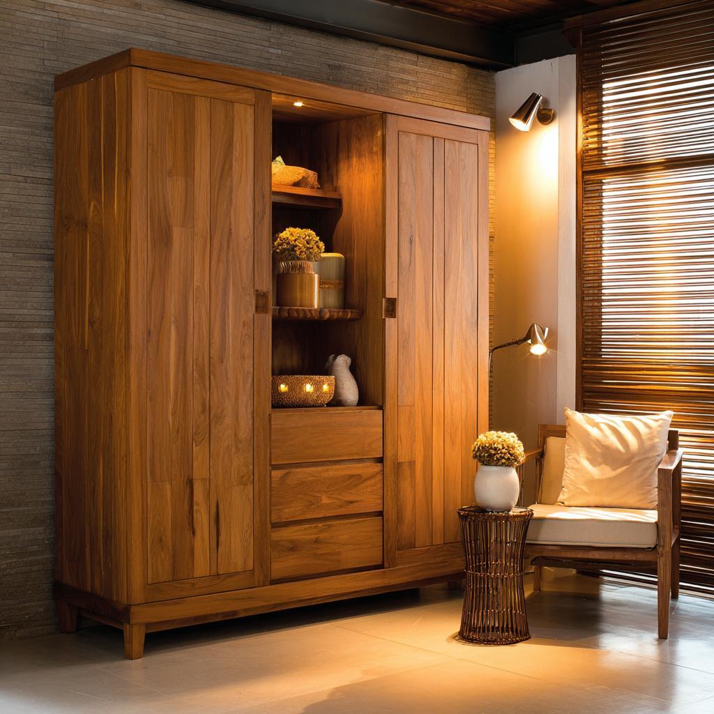 Elegant almirah position as per vastu with wooden wardrobe, warm lighting, and modern bedroom decor