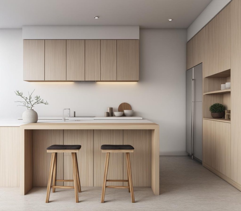 Modern pre laminated particle board kitchen with sleek cabinets, island counter, and minimal design