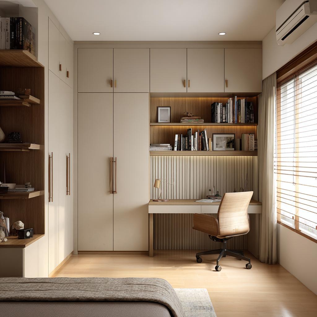 Modern particle board wardrobe with built-in desk, shelves, and sleek storage design