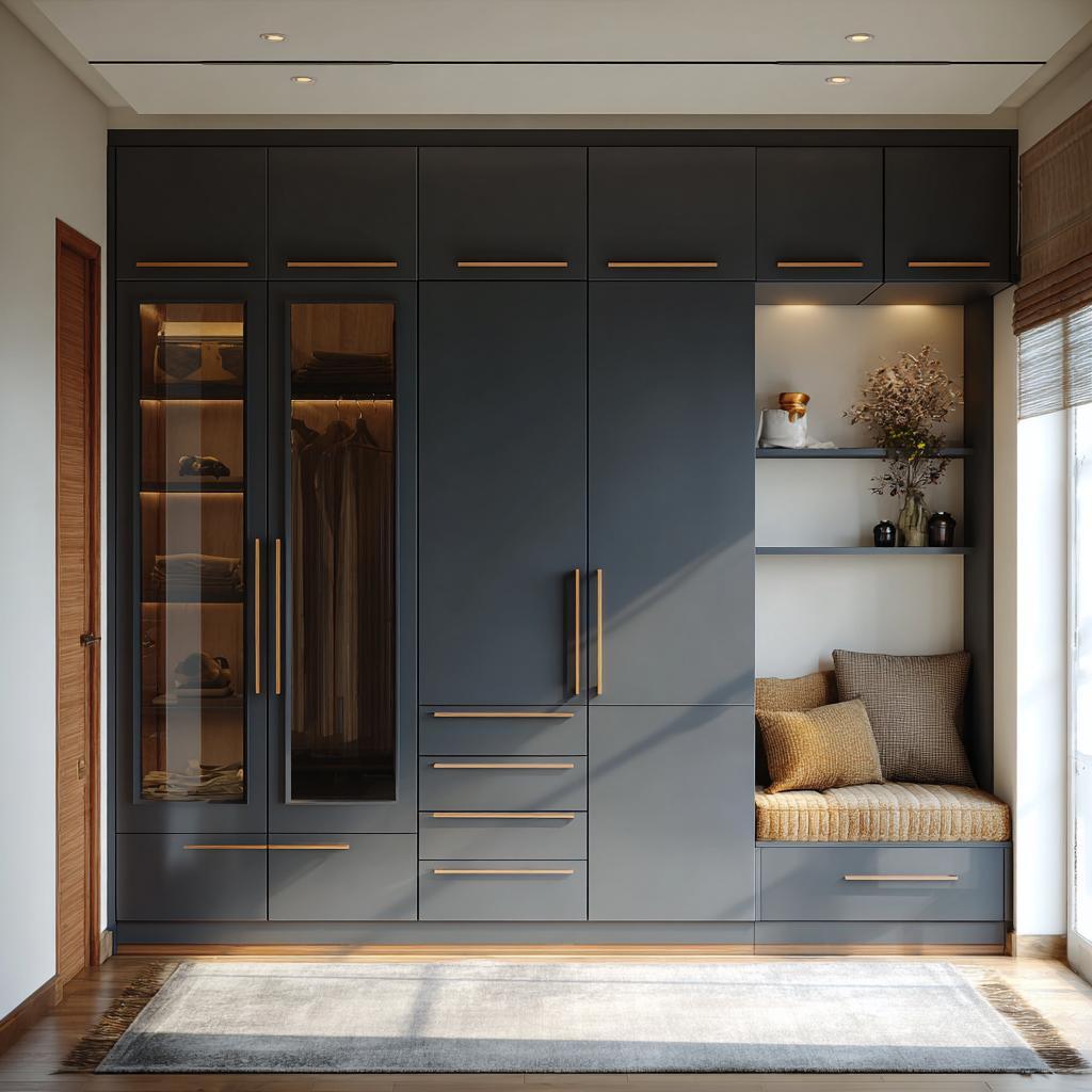 Modern particle board wardrobe with glass panels, drawers, and built-in seating nook
