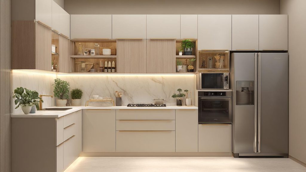 Modern laminated particle board kitchen with sleek cabinets, built-in appliances, and warm lighting