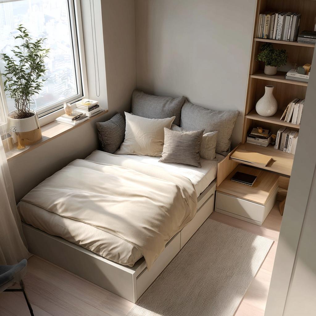 Cozy particle board bed with built-in storage, shelves, and compact modern bedroom 
