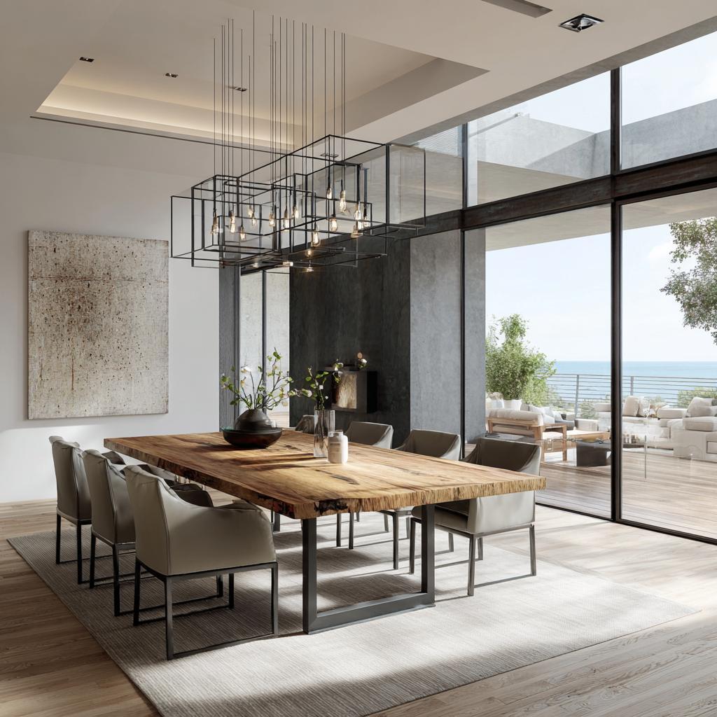 Elegant dining room layout with wooden table, modern chairs and statement lighting in open space