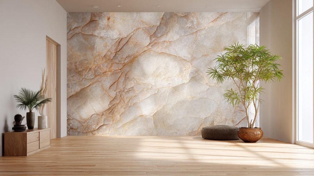 Makrana marble design wall with natural texture, warm tones, and modern minimalist interior style