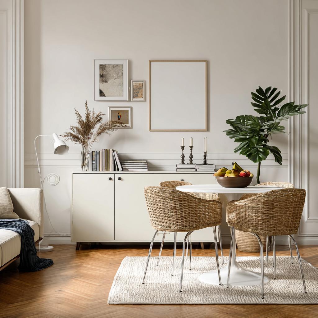 Cozy small living room dining room combo layout ideas with round table, woven chairs and minimalist decor