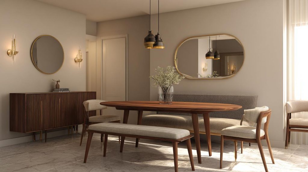 Modern dining room furniture layout with oval table, bench seating and warm minimalist decor