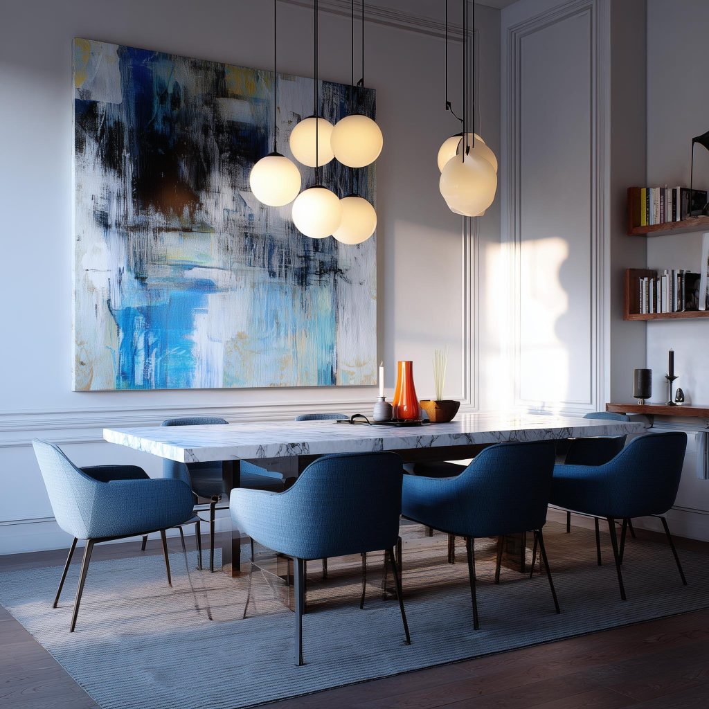 Modern dining room table layout with marble top, blue chairs and stylish pendant lighting