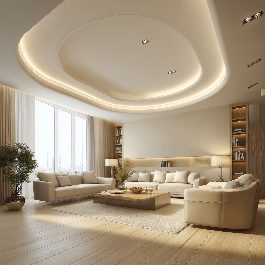 Modern false ceiling design with curved cove lighting in elegant spacious living room