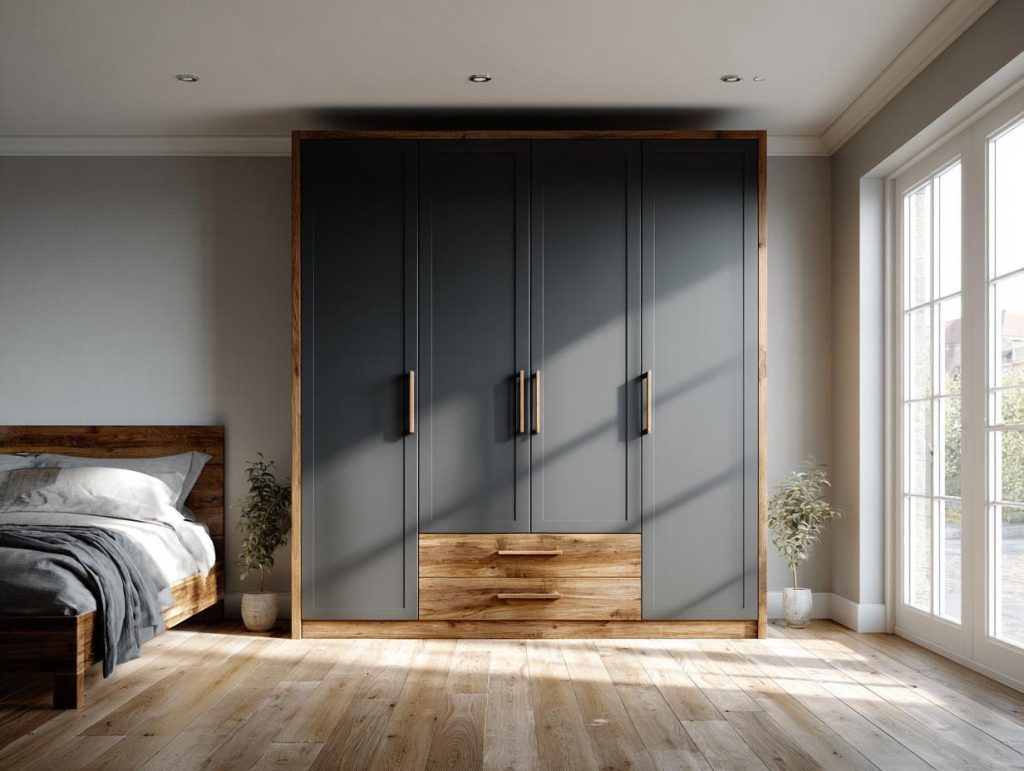 Elegant almirah position as per vastu with wooden wardrobe placed neatly in well-lit bedroom corner 