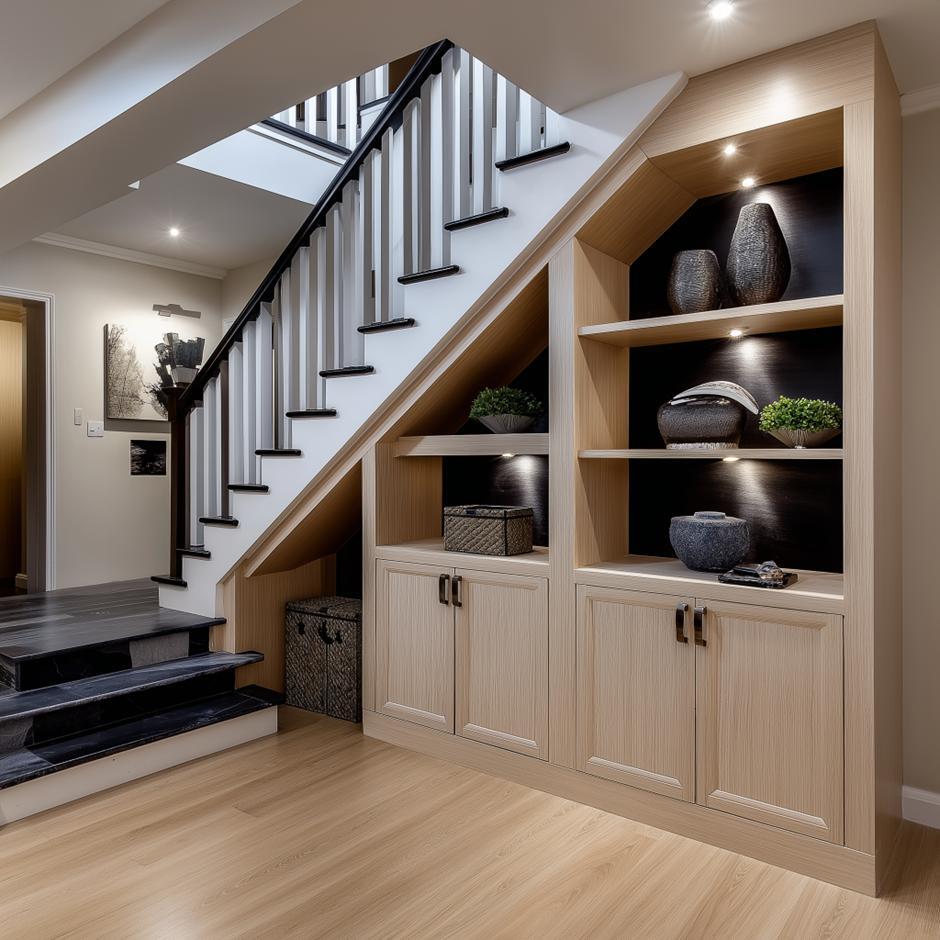  Under-staircase storage with built-in cabinets and shelves