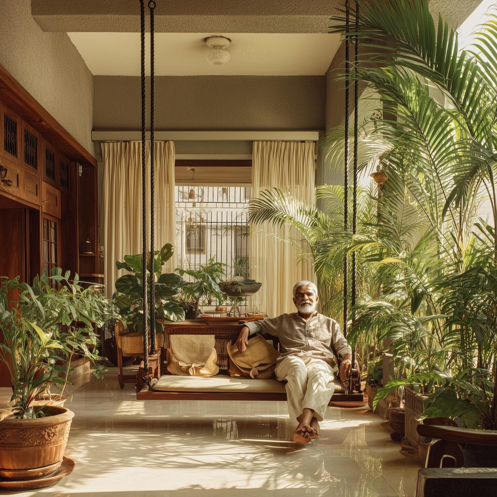 Indoor green courtyard with swing Kolkata home decor