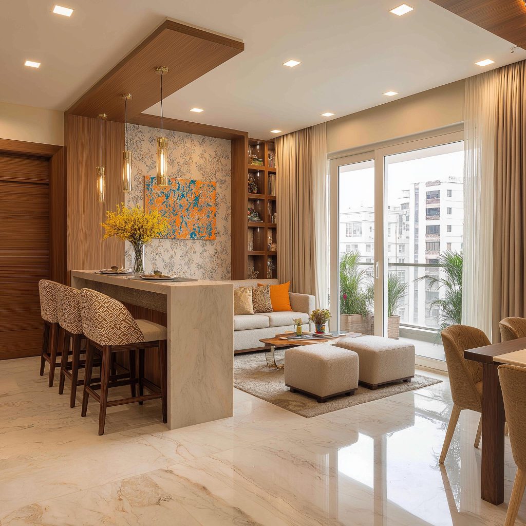 Modular open-plan kitchen living space Kolkata interior