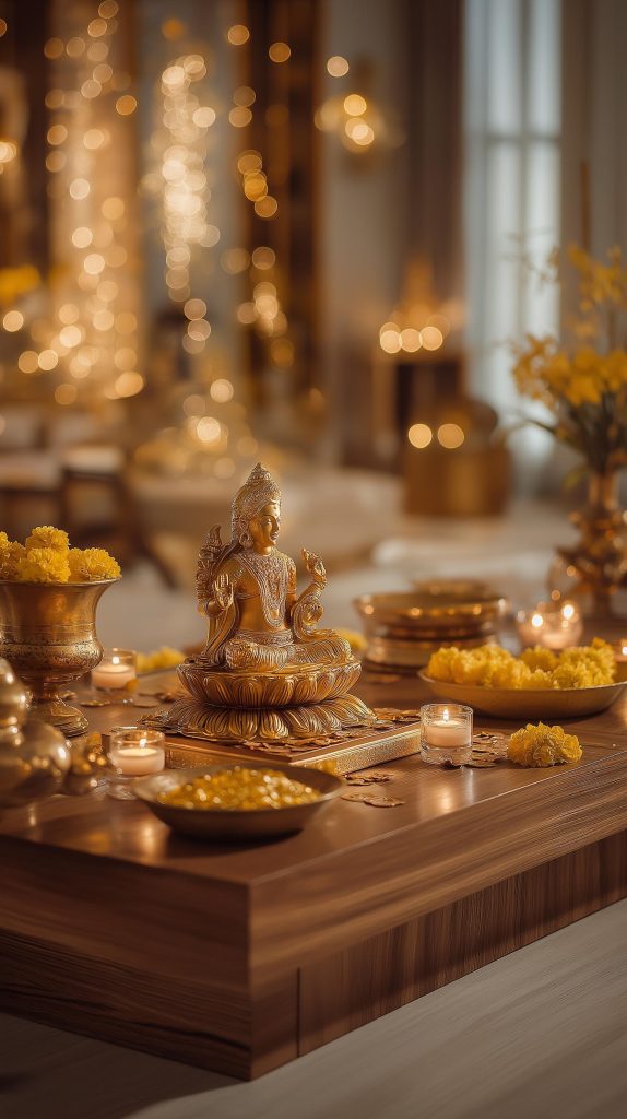  Lakshmi idol golden bokeh Akshaya Tritiya interior 2026