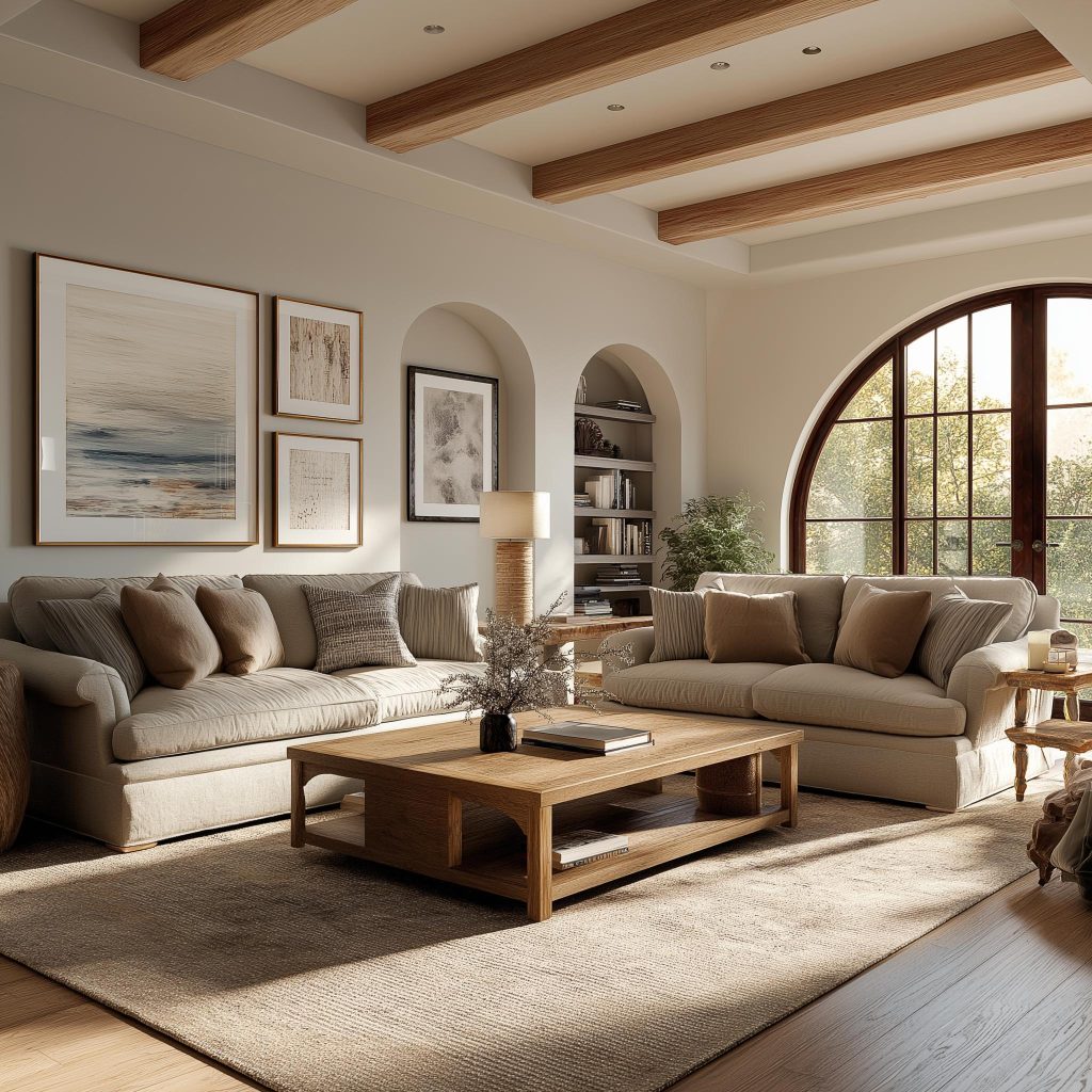 Wood beams arched window modern traditional living room