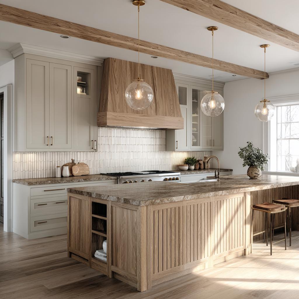 Wood beam island modern traditional kitchen design