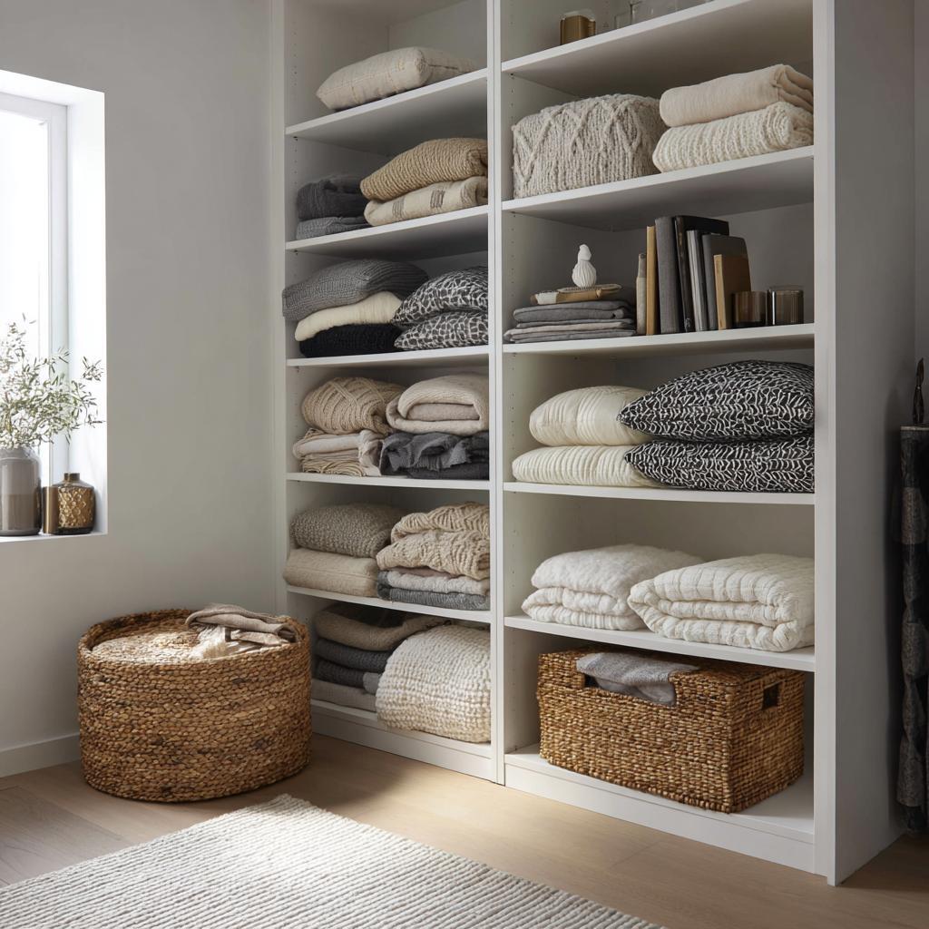  Open wardrobe shelves with neatly folded linen and blankets