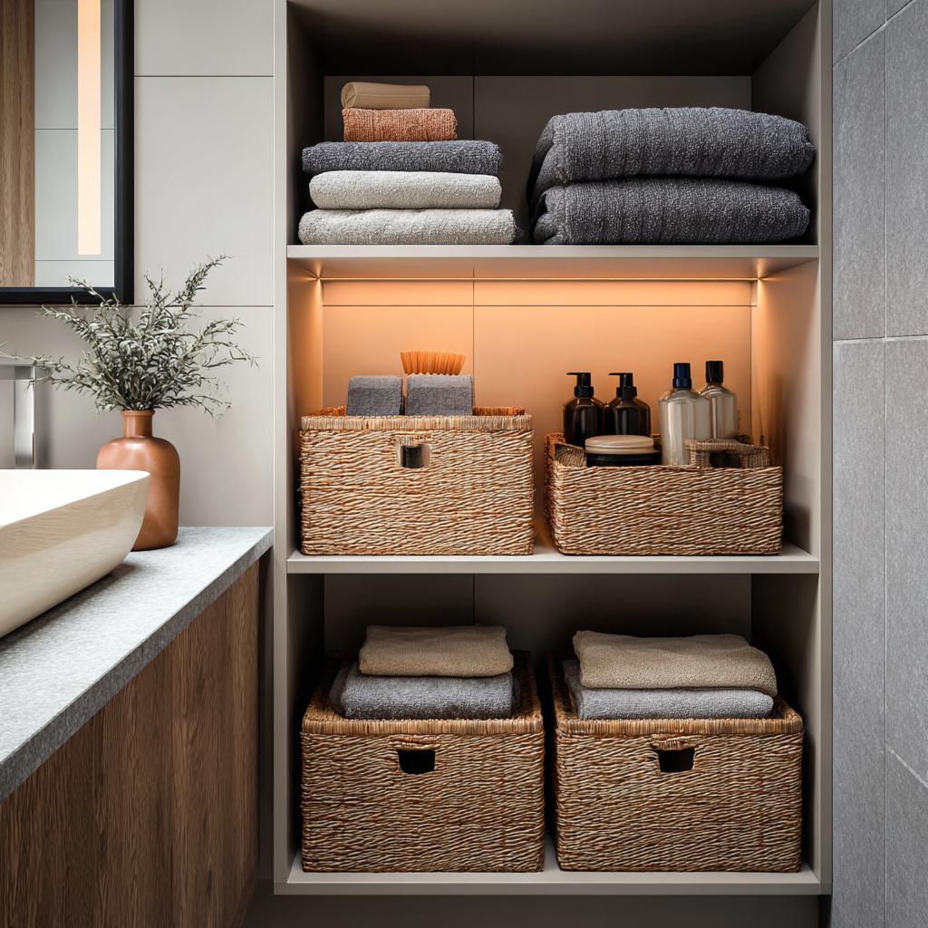Recessed bathroom shelf with baskets and towel storage