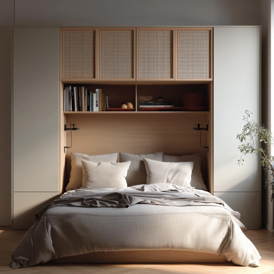 Built-in storage above bed small bedroom organisation