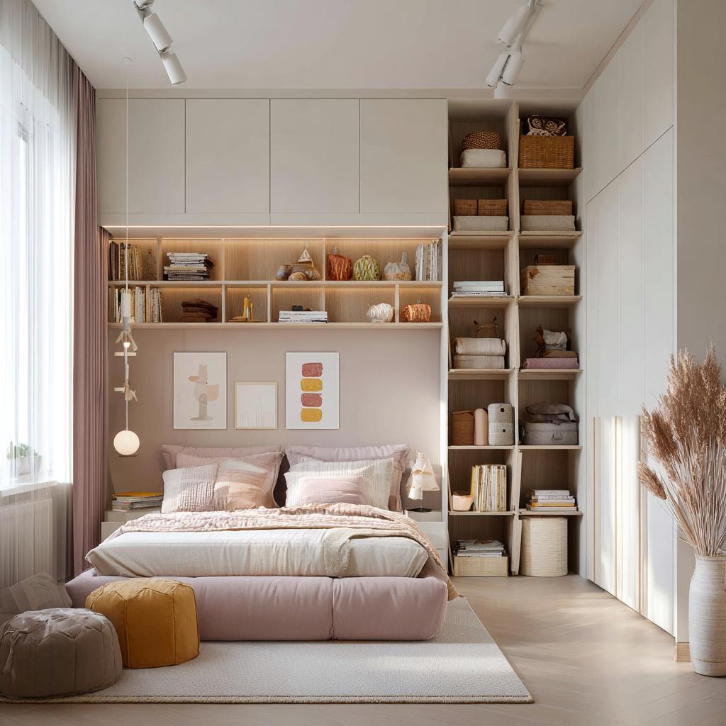 Vertical wall shelves small bedroom organisation ideas