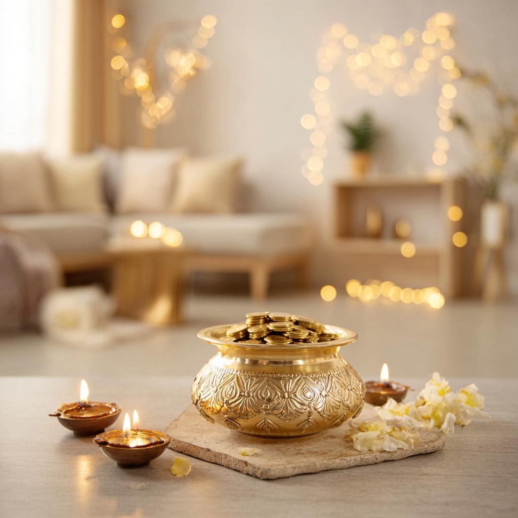 Brass kalash diyas Akshaya Tritiya home decoration