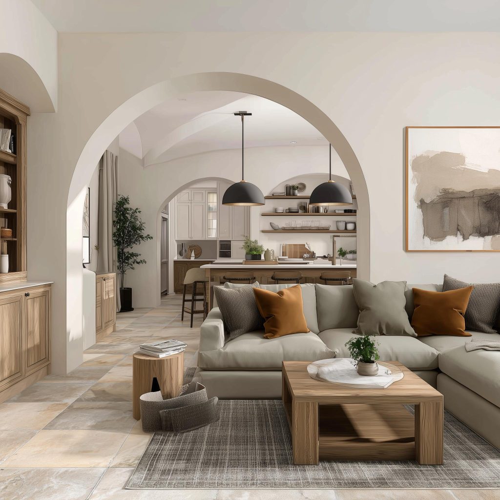 Arched open-plan modern traditional interior design home