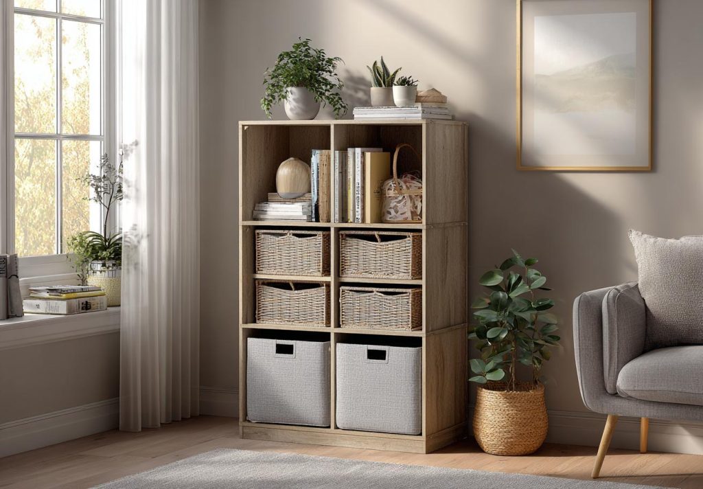 Cube bookshelf with wicker baskets for living room storage