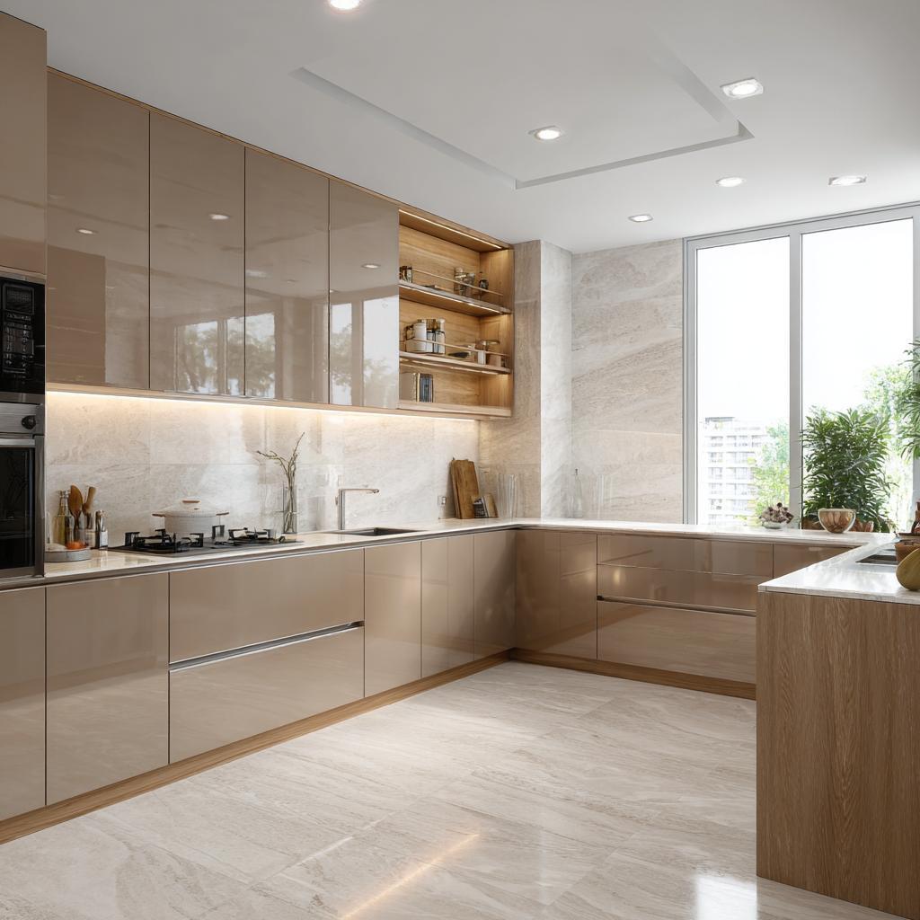 Glossy L-shaped kitchen wall base cabinet types