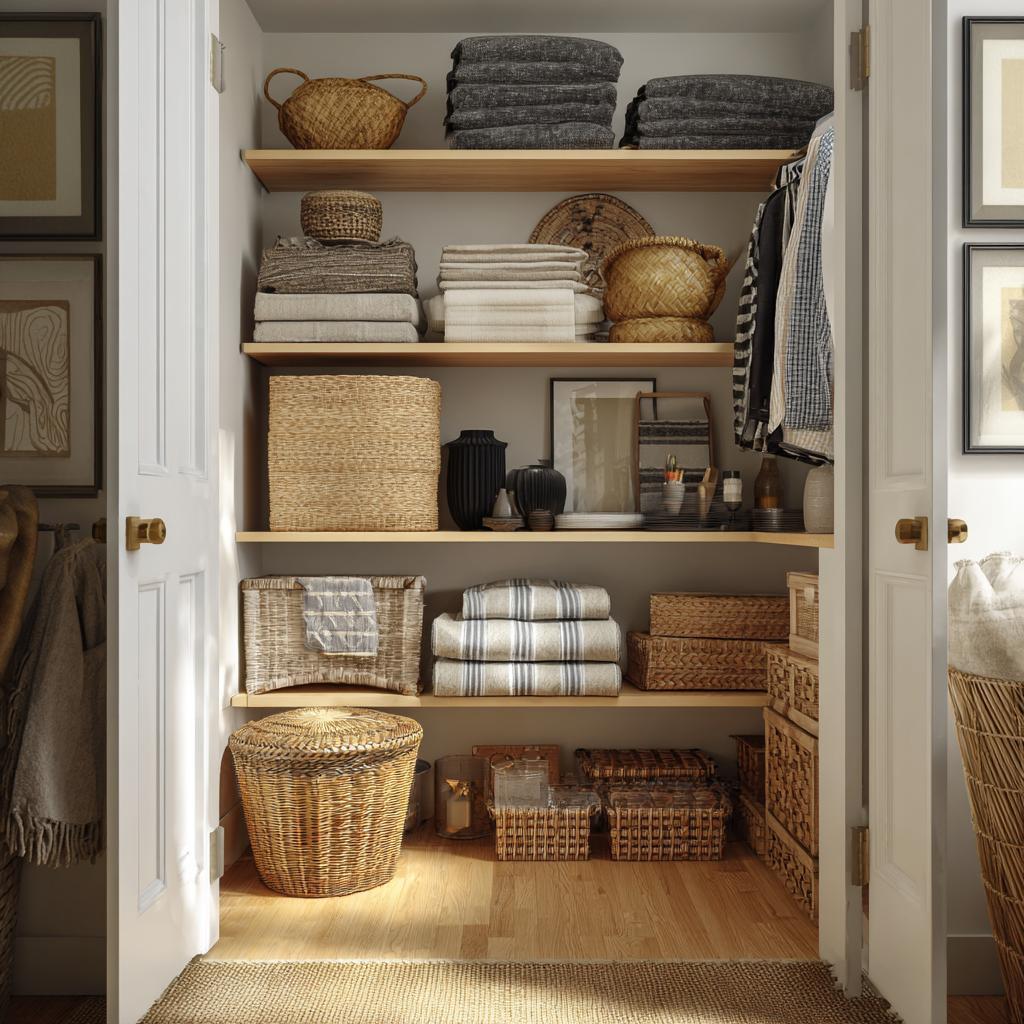 Woven baskets open shelves DIY bedroom organisation ideas