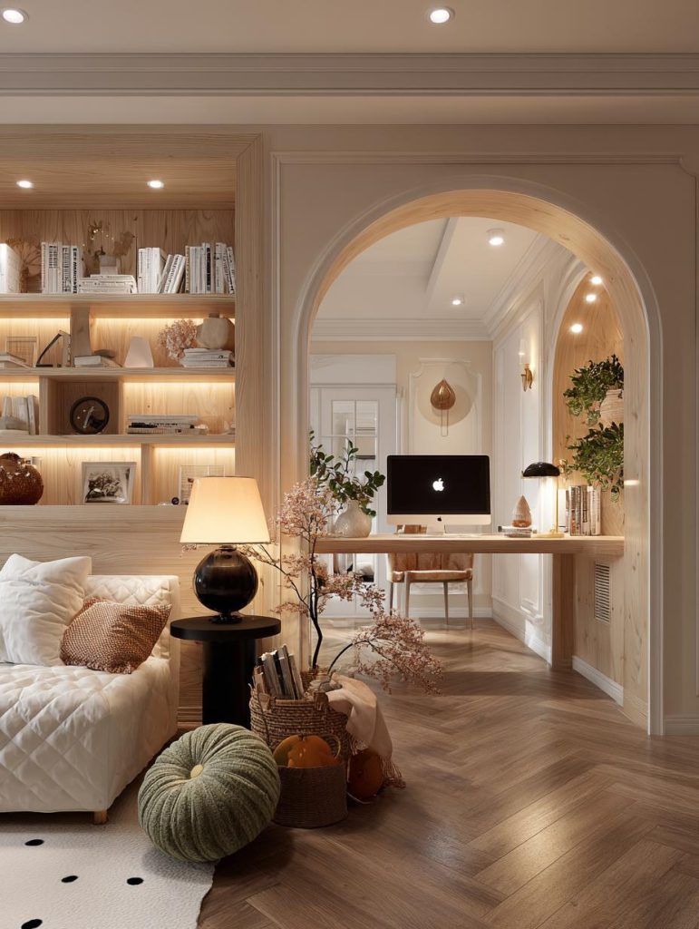 Arched doorway wood shelves modern traditional home office