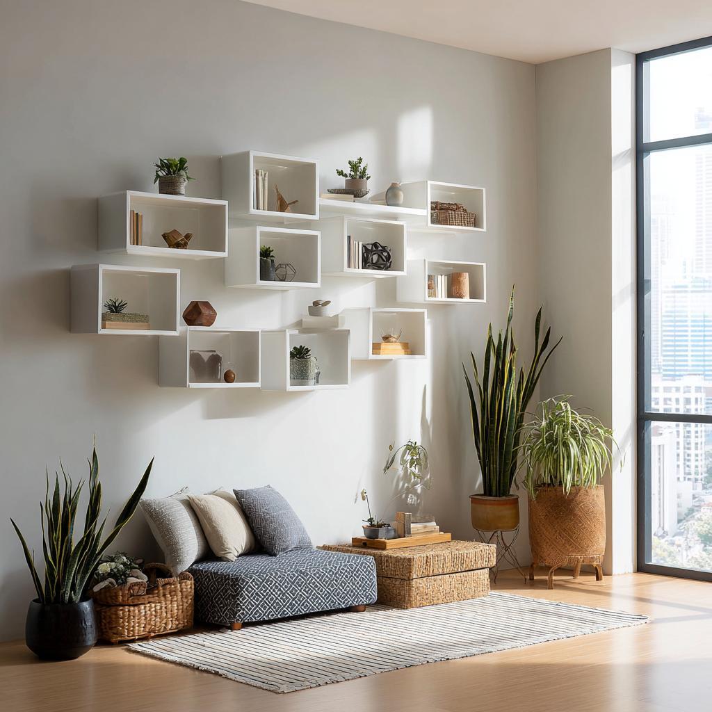 Floating wall-mounted shelves for living room storage