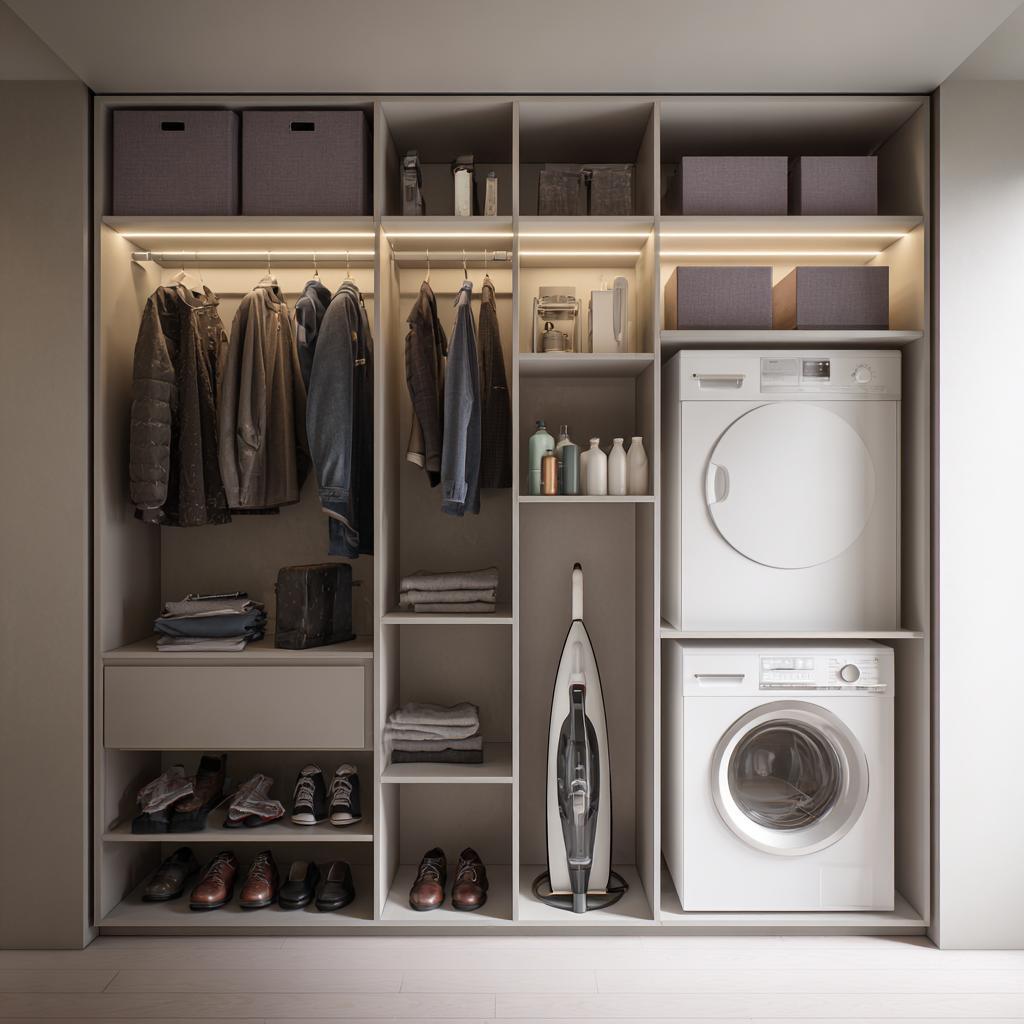 Floor-to-ceiling modular wardrobe with built-in storage and washing machine