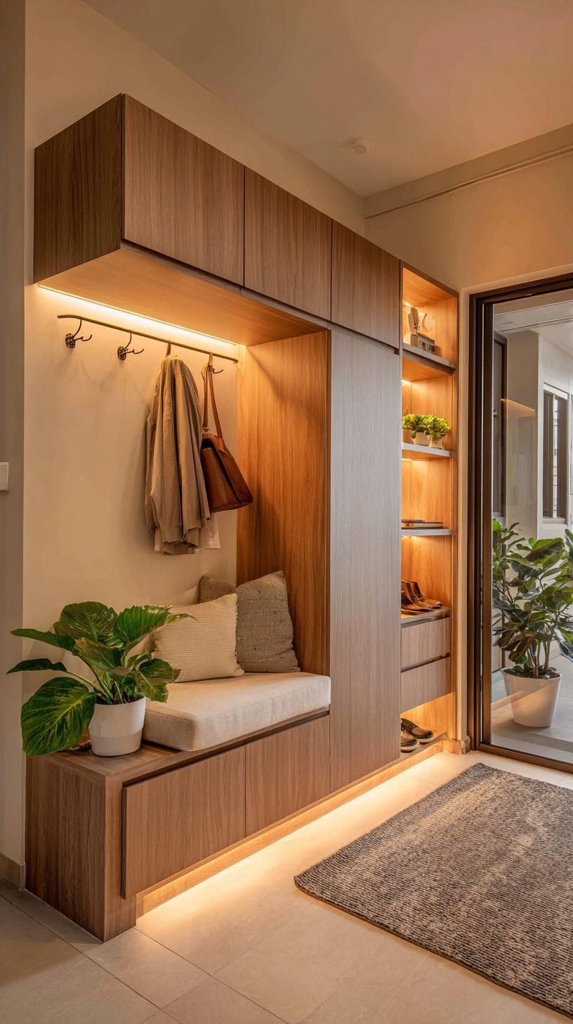 Floor-to-ceiling modular wardrobe with open shelving inserts