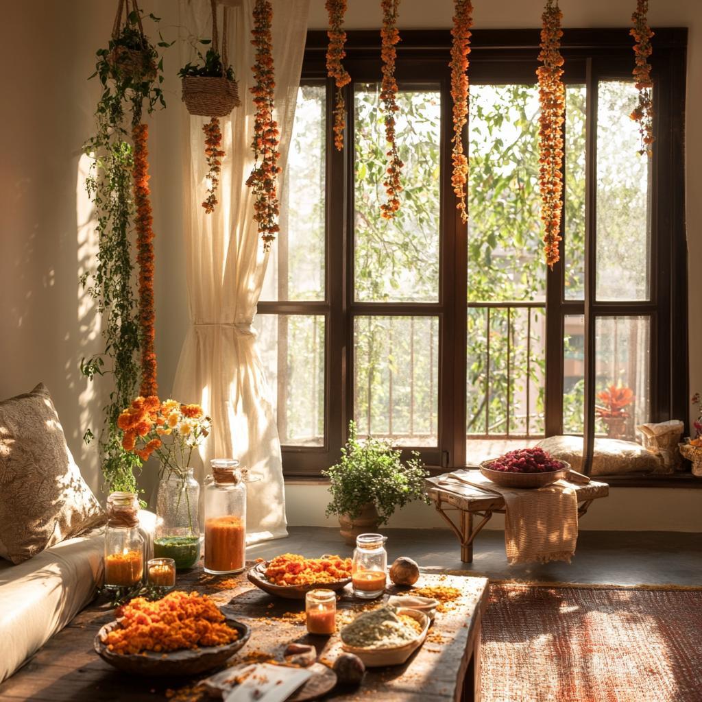 Griha Pravesh marigold window decor Akshaya Tritiya