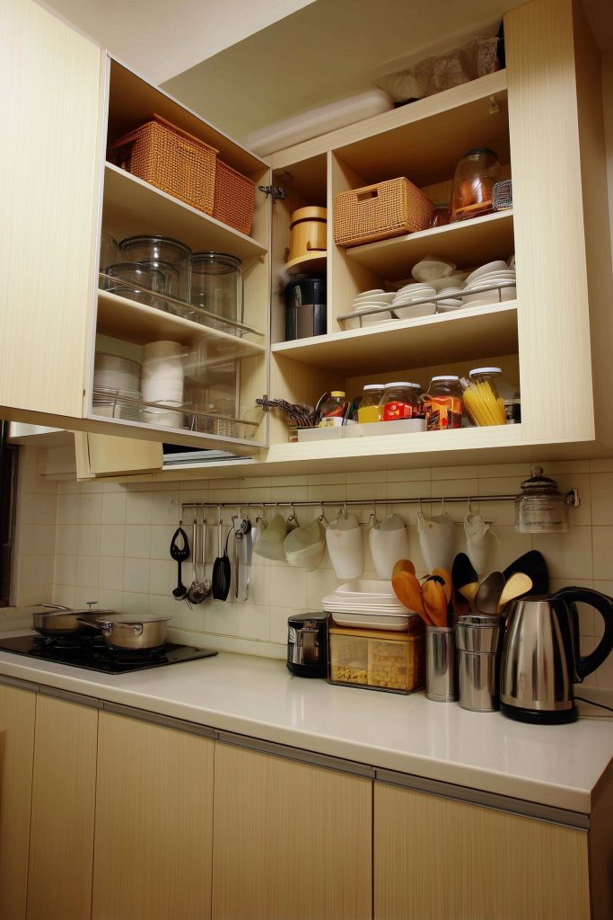 Kitchen overhead cabinets with organised pantry storage