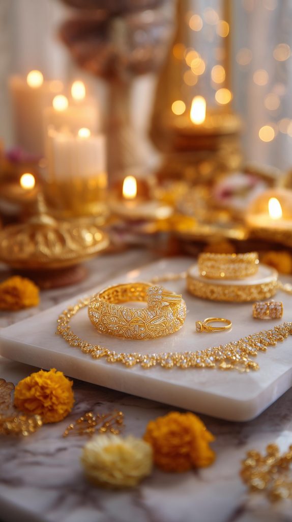 Gold jewellery marigolds Akshaya Tritiya home decor