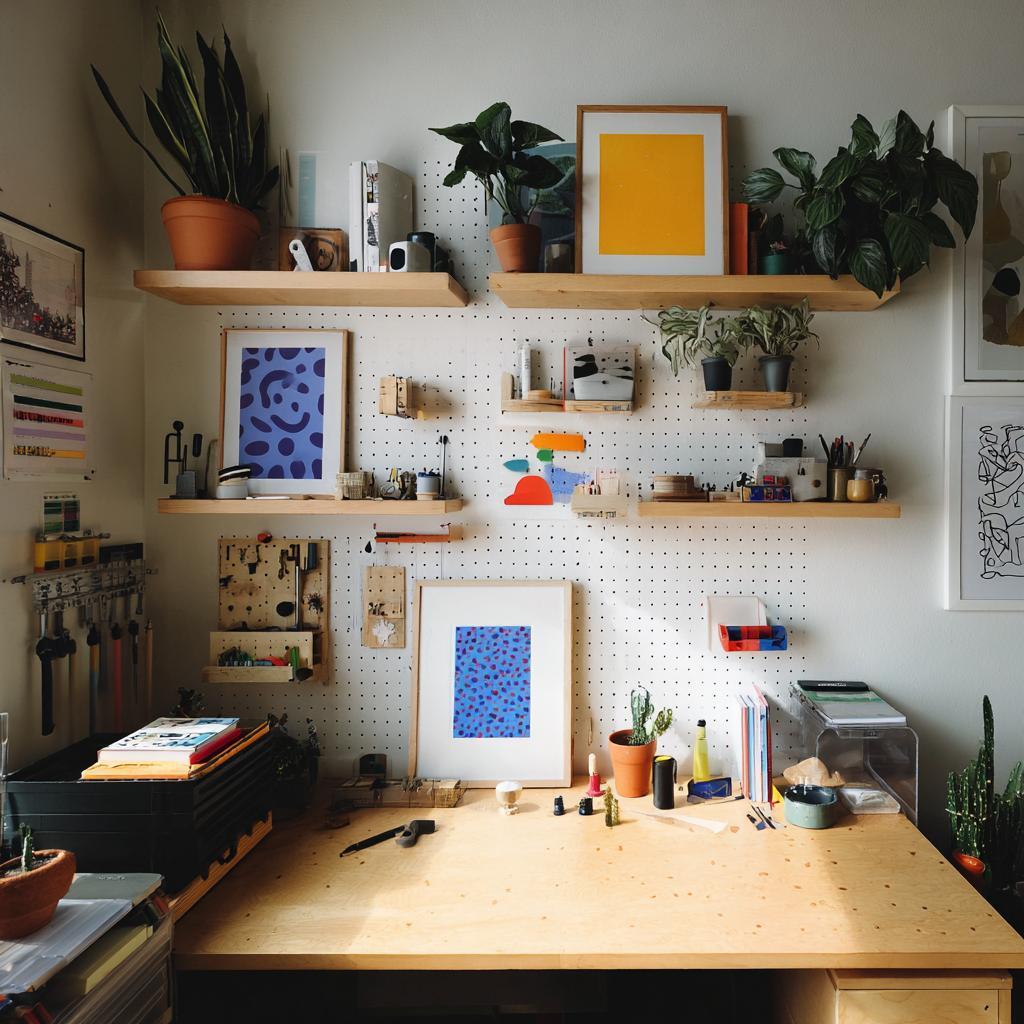 Pegboard wall storage with floating shelves for home study