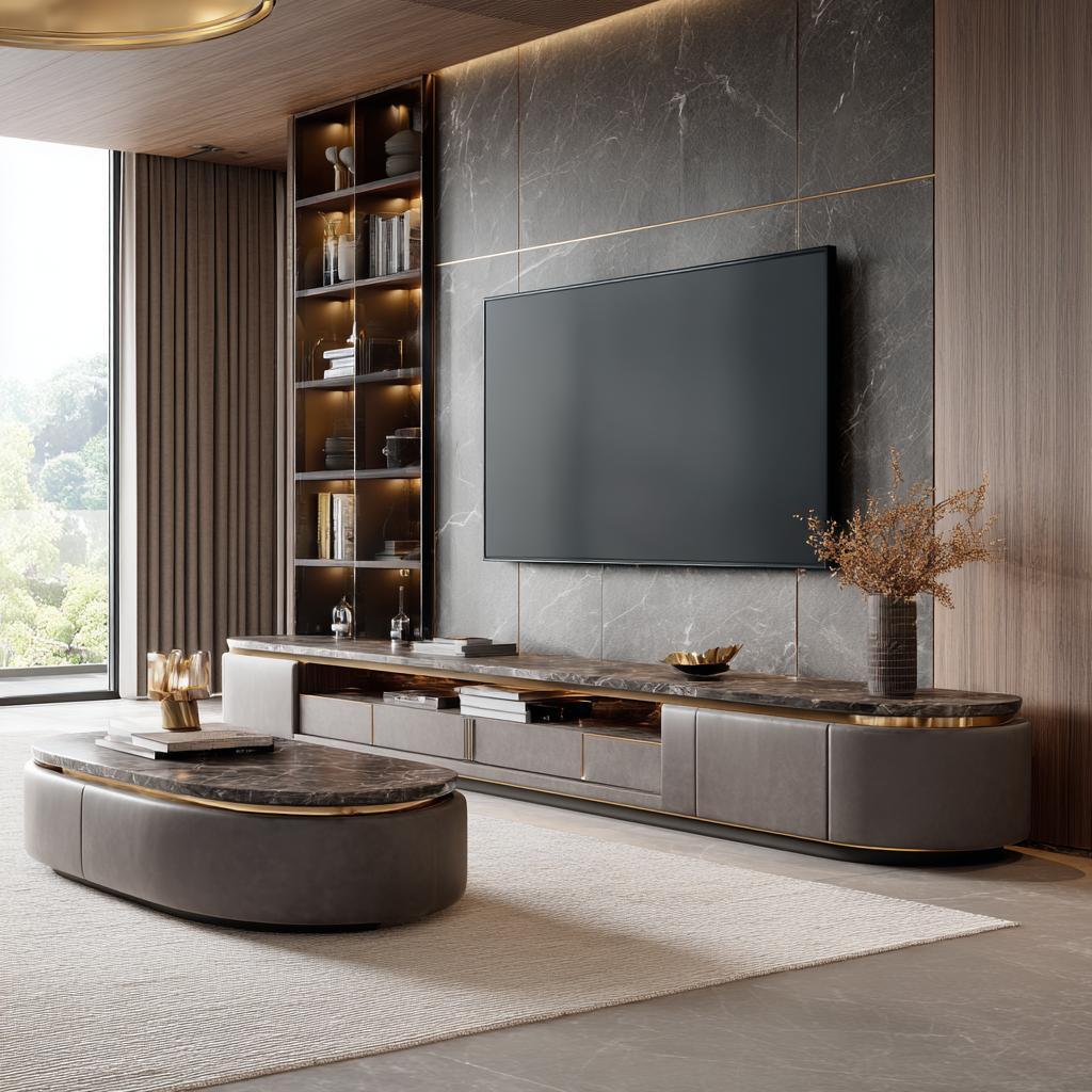 Modern TV unit with built-in shelving and marble finish