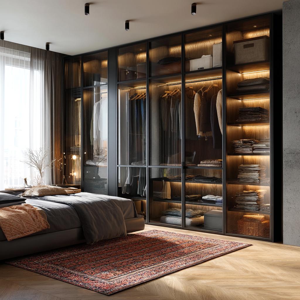 Floor-to-ceiling wardrobe with glass doors and LED lighting
