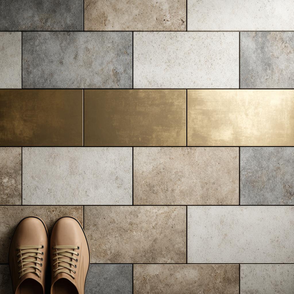 stone and metallic finish floor tiles close-up