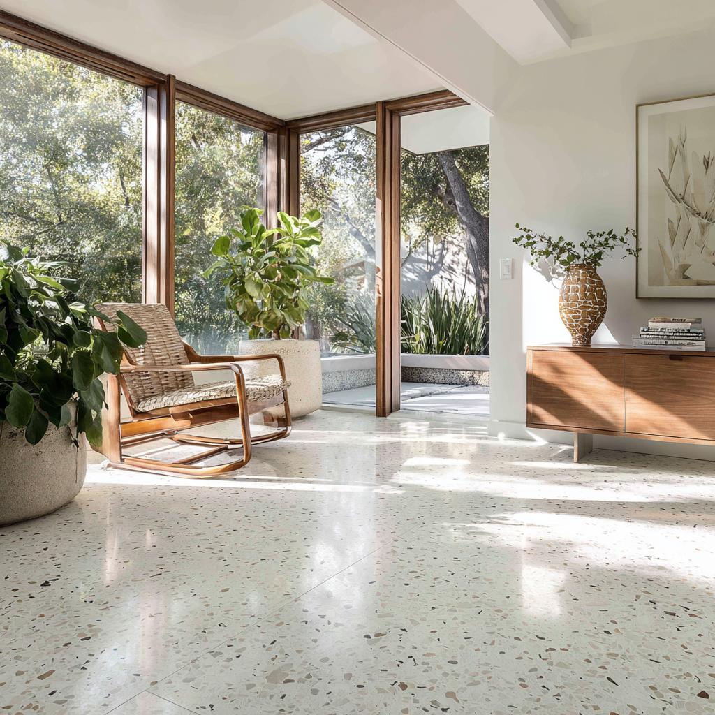 polished mosaic floor in bright modern living room