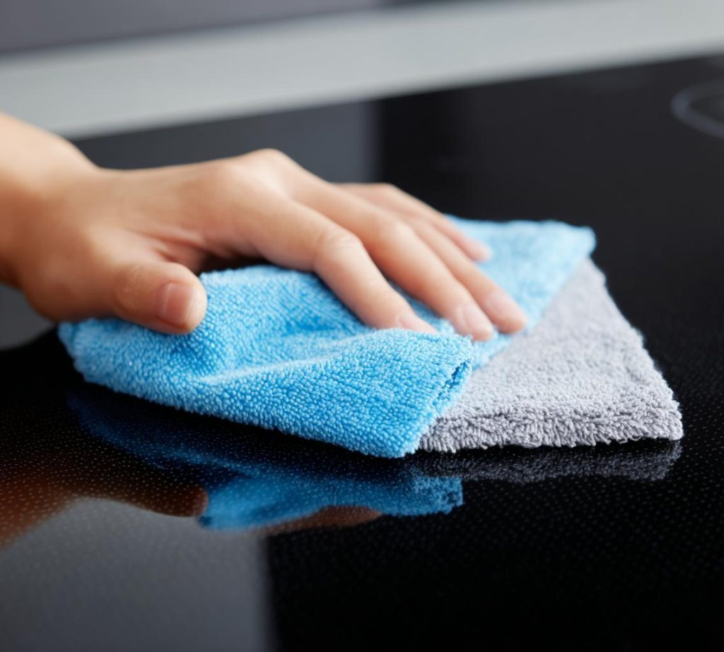 microfibre cloth removing grease from kitchen cabinets