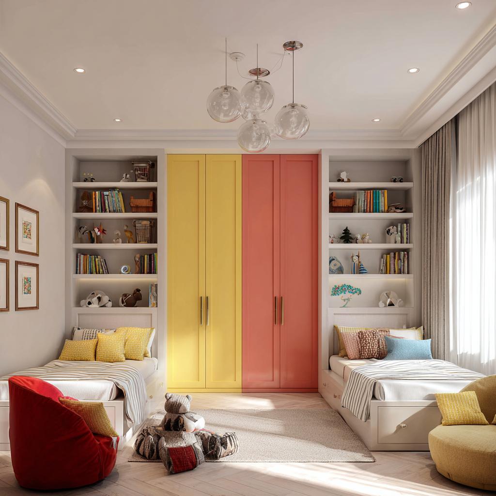 shared kids room colour block wardrobes storage shelves