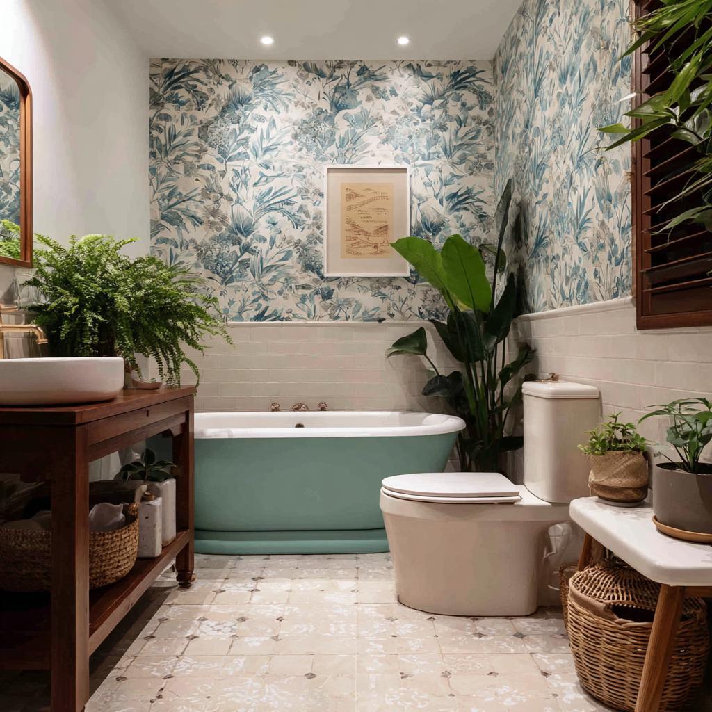 small bathroom decor botanical wallpaper wicker storage