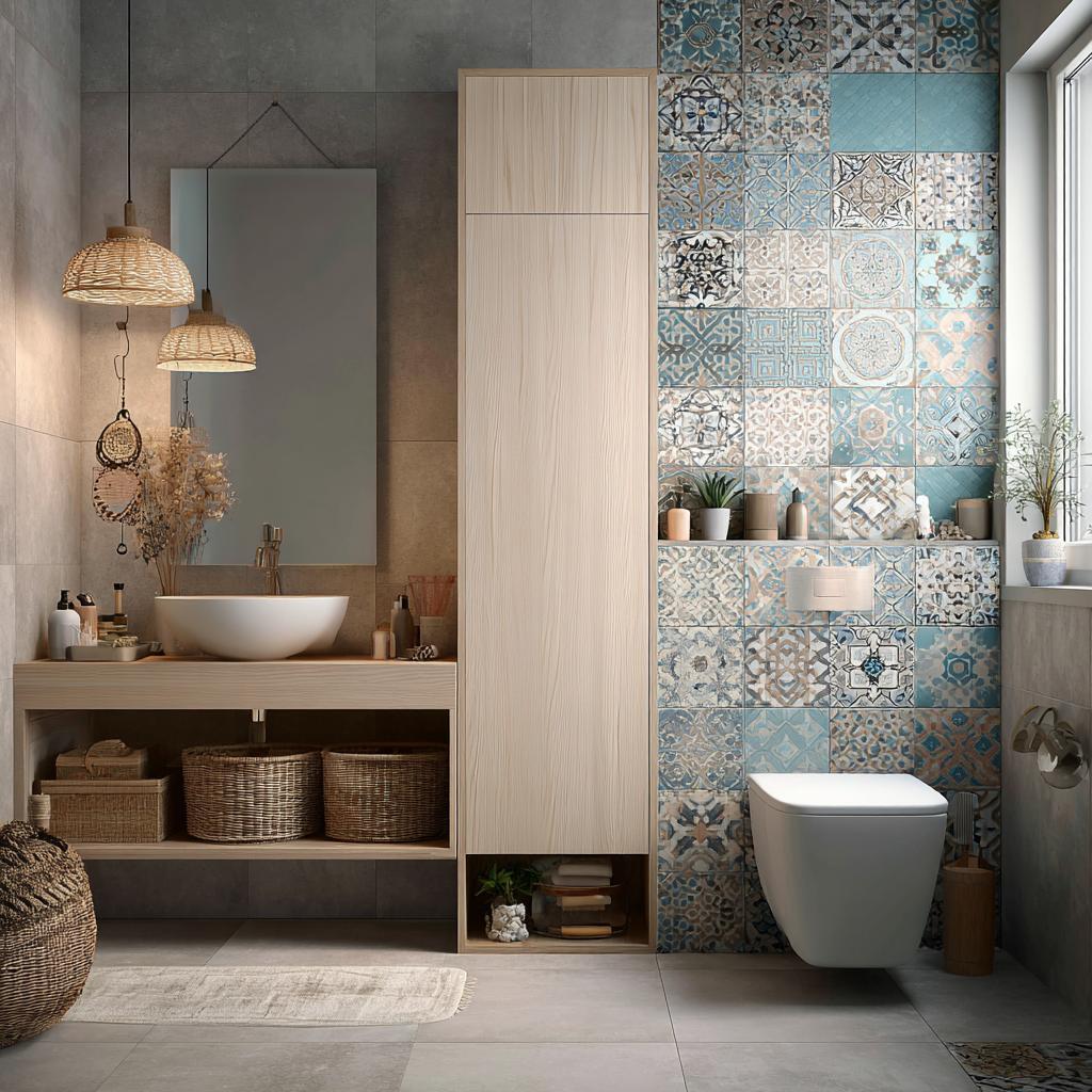 stylish bathroom decor patterned tiles open shelf vanity