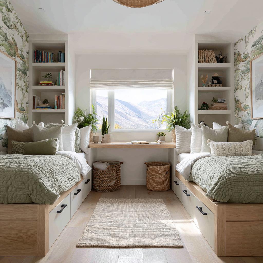 symmetrical twin bed layout shared kids bedroom two children