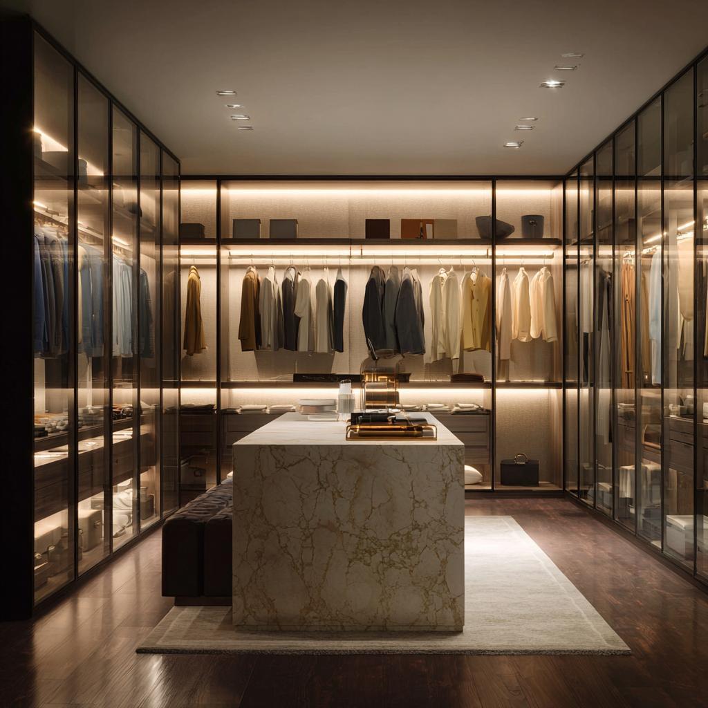 Glass marble island luxury walk-in closet cost design