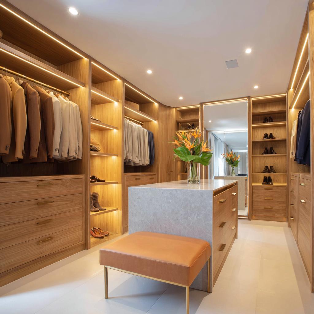 Wood island ambient lighting luxury walk-in closet design